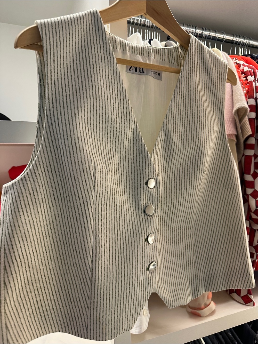Zara off white Vest with Green Pinstripes